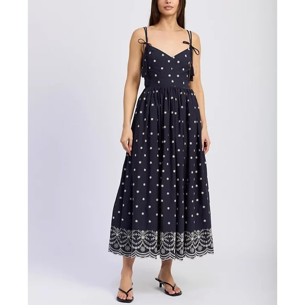 En Saison Womens Midi Dress Size S Navy White Cotton Embroidered Hem Tie-Straps